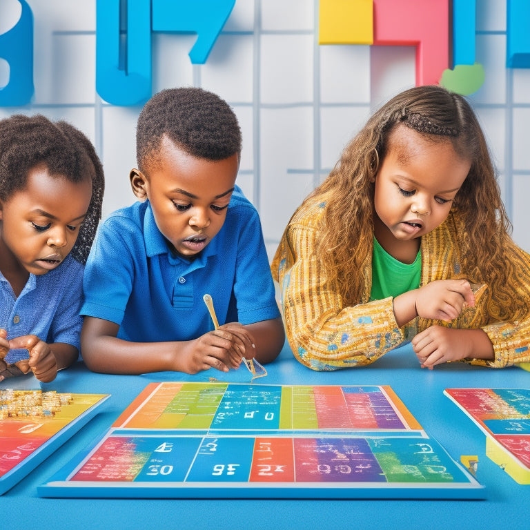 A vibrant, colorful illustration of diverse kids aged 6-12 engaged in various math games, surrounded by number lines, geometric shapes, and calculators, set against a bright, gradient blue background.