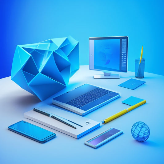A minimalist illustration featuring a stylized teacher's desk with a laptop, tablet, and smartphone, surrounded by swirling geometric shapes and math symbols in a bright, gradient blue background.