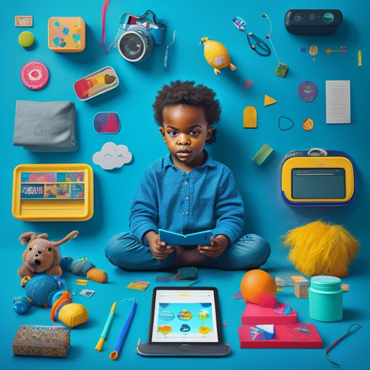 A colorful illustration of a young child sitting in front of a tablet, surrounded by toys and learning materials, with icons of digital tools and apps floating above, connected by swirling lines and shapes.