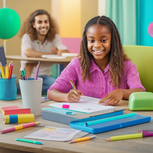 A cheerful, organized desk with a laptop, a notebook, and a pencil case filled with colorful pens, surrounded by a subtle background of math formulas and shapes in pastel colors, with a smiling middle school student in the background.