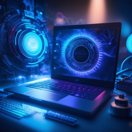 An illustration of a futuristic, glowing laptop surrounded by swirling gears, cogs, and sparks, set against a dark blue background with subtle circuit board patterns, evoking innovation and progress.