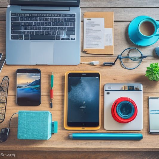 A colorful, clutter-free desk with a laptop, tablet, and smartphone, surrounded by icons of popular educational platforms, books, and a faint background of a classroom or library.