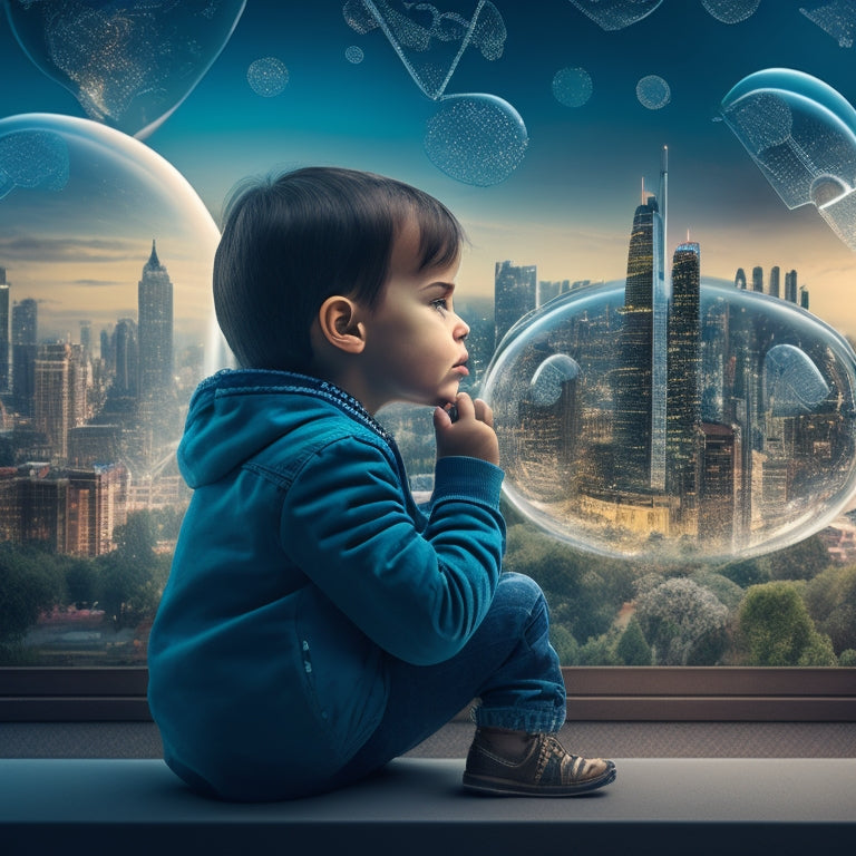 A whimsical illustration of a curious child surrounded by thought bubbles, puzzle pieces, and brain-teasers, with a subtle cityscape or futuristic background, conveying a sense of innovation and problem-solving.