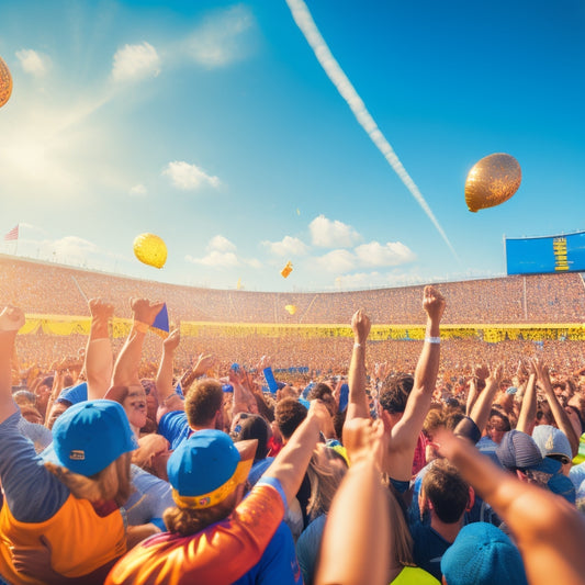 A cheering crowd of diverse fans, arms raised, faces beaming, in a packed stadium under a bright blue sky, as confetti and balloons fill the air, surrounding a giant scoreboard displaying a winning score.