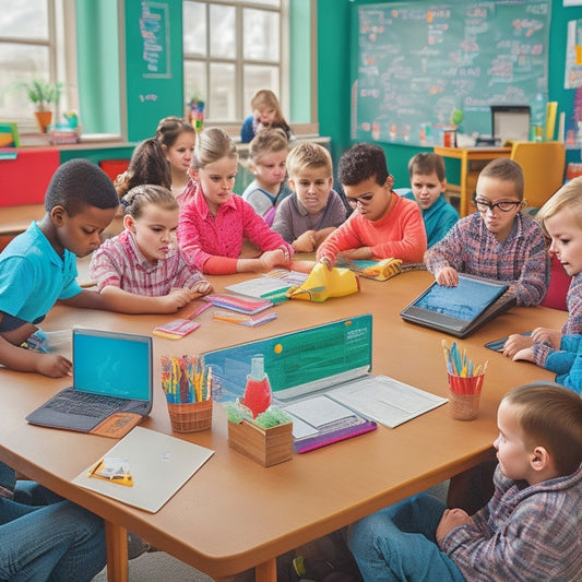 A colorful illustration of an elementary school classroom with various digital devices and tools, such as tablets, laptops, and interactive whiteboards, surrounded by curious students conducting science experiments.