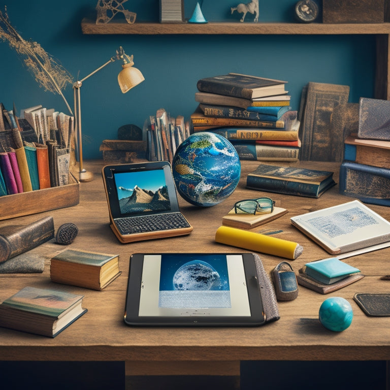 A collage of various tablets and smartphones displaying different educational apps, surrounded by scattered books, pencils, and a globe, with a subtle background of a child's desk or a cozy learning nook.