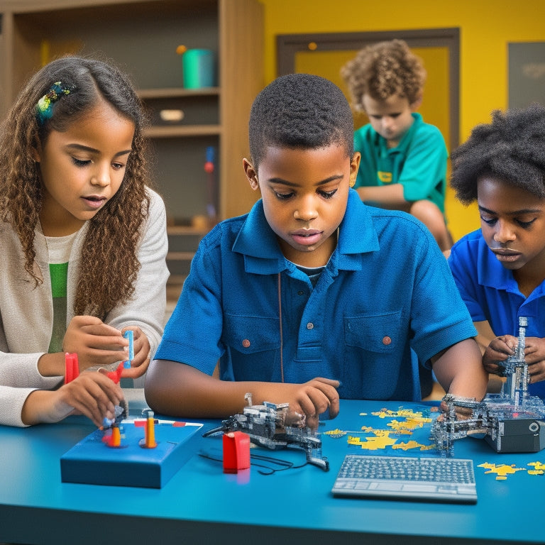 A colorful illustration of diverse middle school students engaged in STEM activities: a girl building a robotic arm, a boy coding on a laptop, and a group collaborating on a math puzzle.
