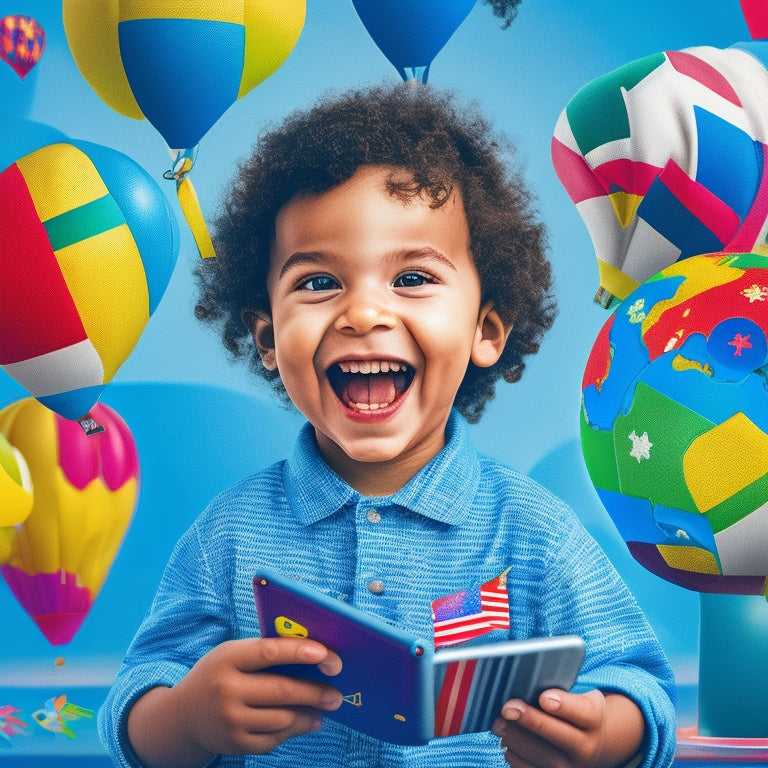 A colorful illustration of a smiling, curious child surrounded by speech bubbles containing flags, globes, and cartoon characters, with tablets and smartphones displaying language learning interfaces.