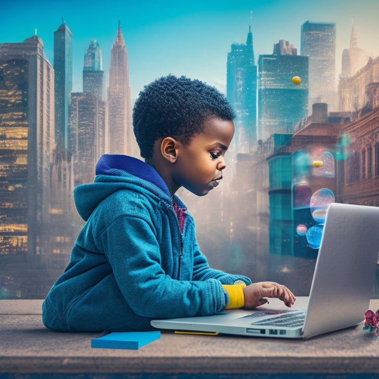 A colorful illustration of a curious child surrounded by thought bubbles, laptops, and puzzle pieces, with a subtle cityscape or library background, conveying critical thinking and online learning.