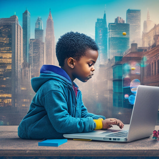 A colorful illustration of a curious child surrounded by thought bubbles, laptops, and puzzle pieces, with a subtle cityscape or library background, conveying critical thinking and online learning.