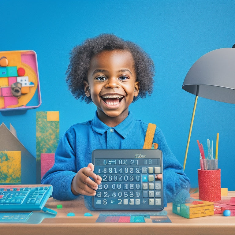 A colorful illustration of a smiling child surrounded by various math-related icons, such as a calculator, abacus, and geometric shapes, with a tablet and laptop in the background.