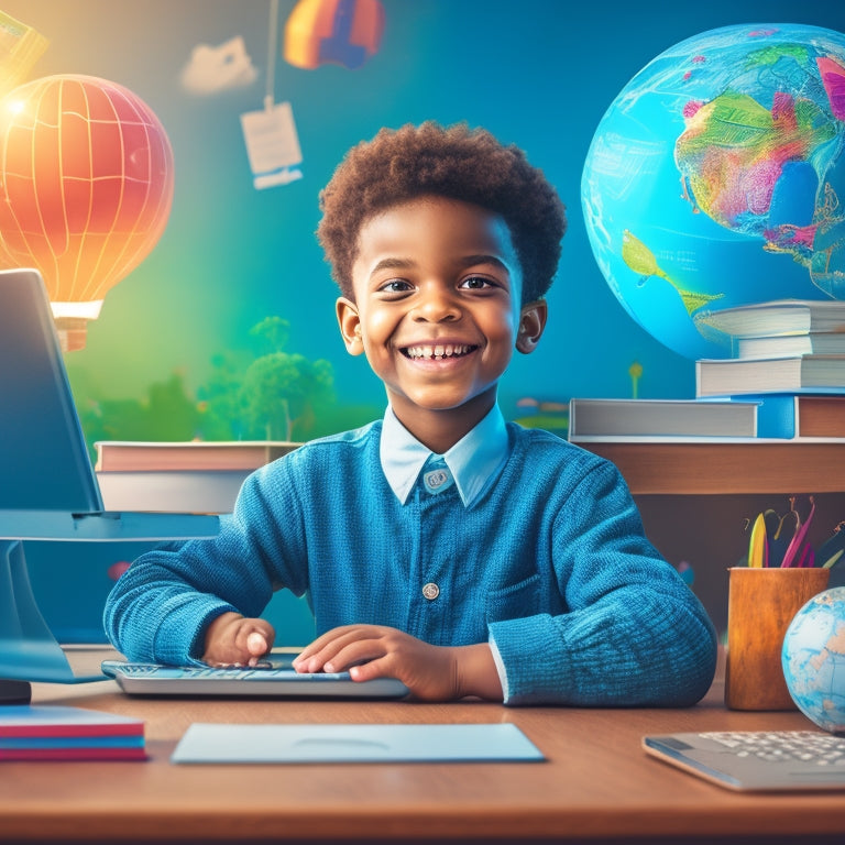 A colorful illustration of a smiling kid sitting in front of a laptop, surrounded by virtual learning icons, such as a globe, books, and a robot, with a subtle background of a classroom.