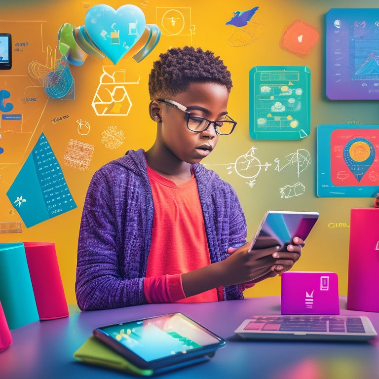 A colorful illustration of a middle school student surrounded by floating math symbols, shapes, and graphs, with a tablet and smartphone nearby, showcasing various math apps on their screens.