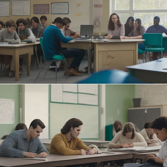 A split-screen image: a cluttered traditional classroom with students slumped over desks, versus a relaxed high schooler sitting comfortably at home, surrounded by laptops and notebooks, with a calm background.