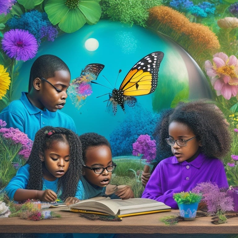 A colorful, whimsical illustration of diverse elementary-aged students surrounded by art supplies, observing a butterfly emerging from a cocoon, amidst a backdrop of blooming flowers and swirling scientific formulas.