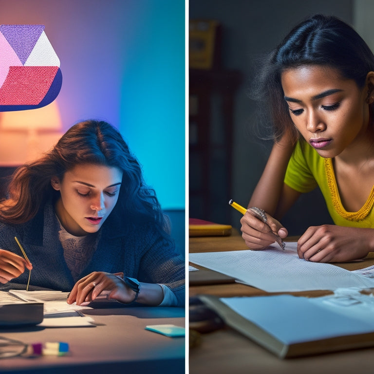 A split-screen image: on the left, a frustrated student surrounded by crumpled papers and broken pencils, with a dimly lit background; on the right, the same student, calm and confident, with a tablet open to a colorful, intuitive math app.