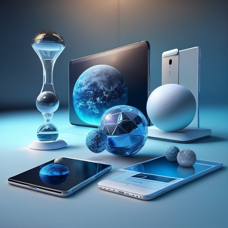 A futuristic, minimalist background with 5-7 sleek, modern smartphones and tablets scattered around, each displaying a different AR science simulation, such as 3D molecules, planetary orbits, or a dissected frog.