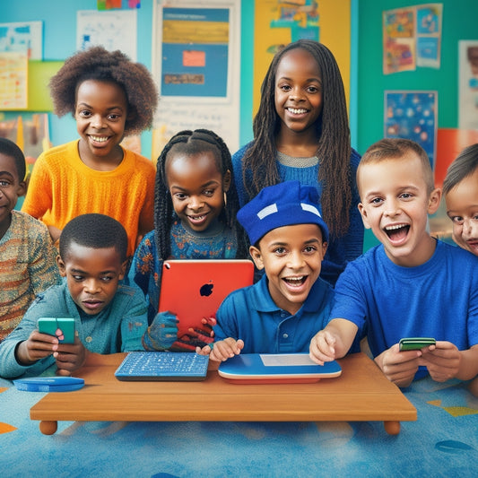 A colorful illustration of five tablets or smartphones, each displaying a different math learning app, surrounded by joyful, diverse kids of various ages, engaged in math activities and games.