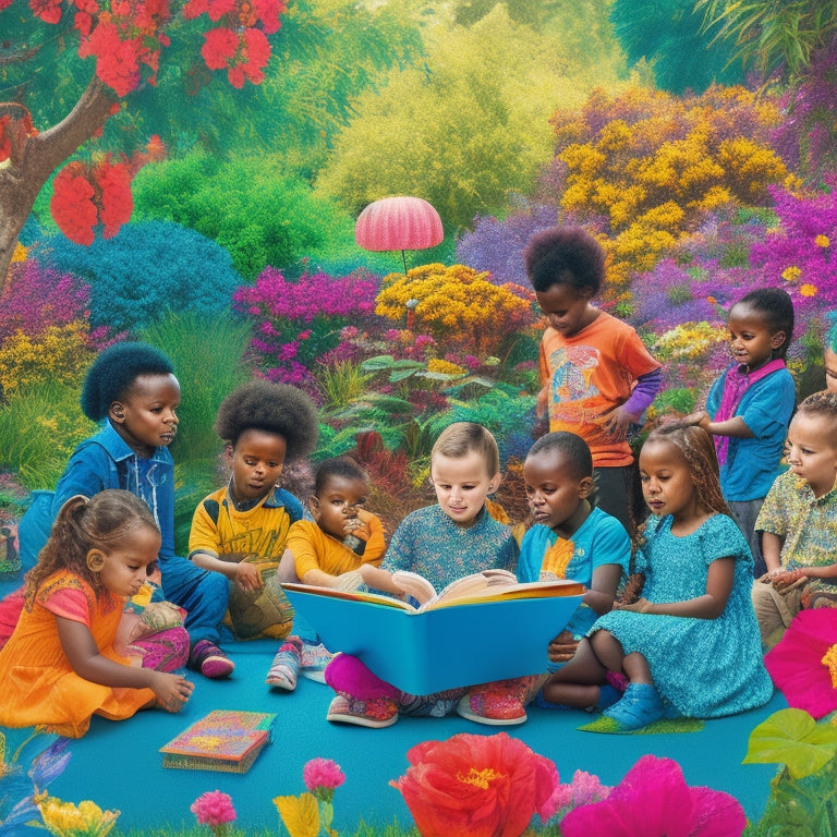 A vibrant illustration of diverse children aged 4-12, surrounded by books, puzzles, and colorful learning tools, engaging in various literacy activities, such as reading, writing, and storytelling, amidst a blooming garden backdrop.