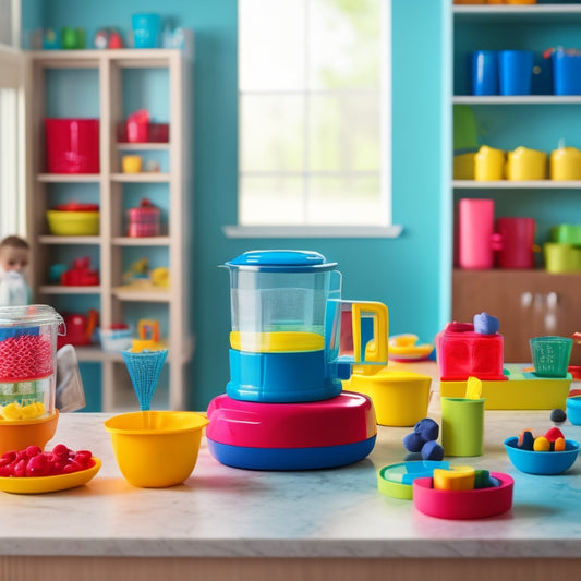 A colorful play kitchen setup with a blender, vibrant fruit, and numbered cups, surrounded by playful math manipulatives like counting blocks and shape sorters, amidst a whimsical, kid-friendly background.