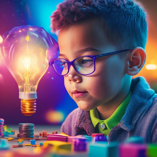 A colorful illustration of a curious elementary-aged student surrounded by puzzle pieces, gears, blocks, and brain teasers, with a subtle background of a brain with glowing lightbulbs and sparks.