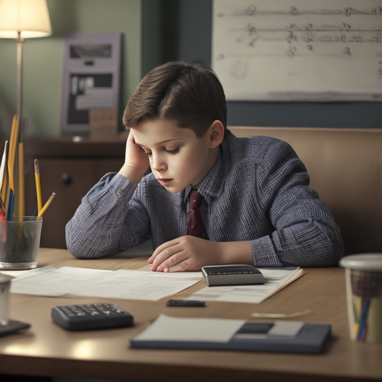 An illustration of a confident student sitting at a desk, surrounded by scattered math worksheets, pencils, and a calculator, with a subtle math problem-filled chalkboard in the background.