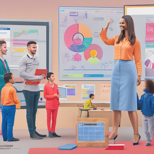 A bright and colorful illustration of a confident teacher standing in front of a virtual whiteboard, surrounded by diverse students engaged on laptops and tablets, with math-related icons and graphs floating around.