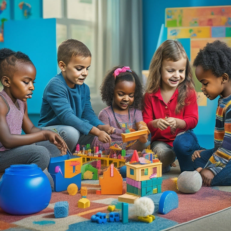 A colorful, clutter-free playroom scene featuring a diverse group of children (ages 4-8) engaged in various math-based activities with educational toys, blocks, and puzzles, surrounded by vibrant shapes and patterns.