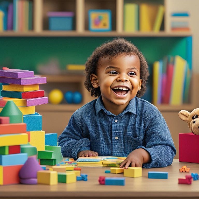 A colorful illustration of a smiling young child sitting at a table, surrounded by toy blocks, puzzles, and a few open books, with a gentle, animated speech bubble rising from their mouth.