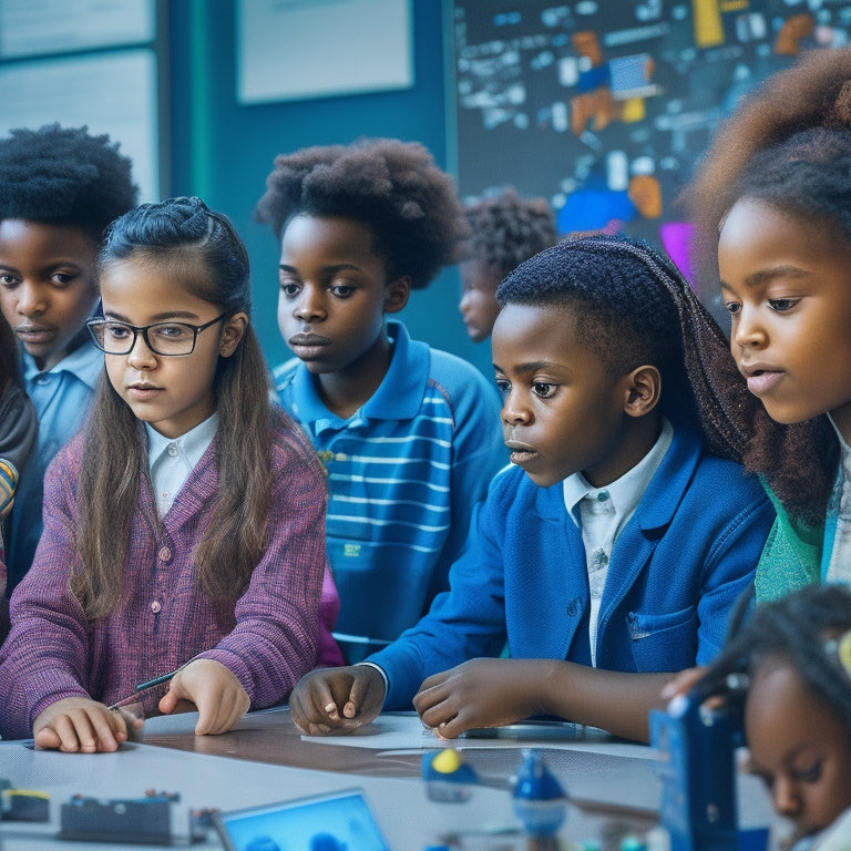 An illustration of a diverse group of students, half girls and half boys, gathered around a female teacher in a vibrant, high-tech classroom, surrounded by robotics, coding screens, and innovative projects.