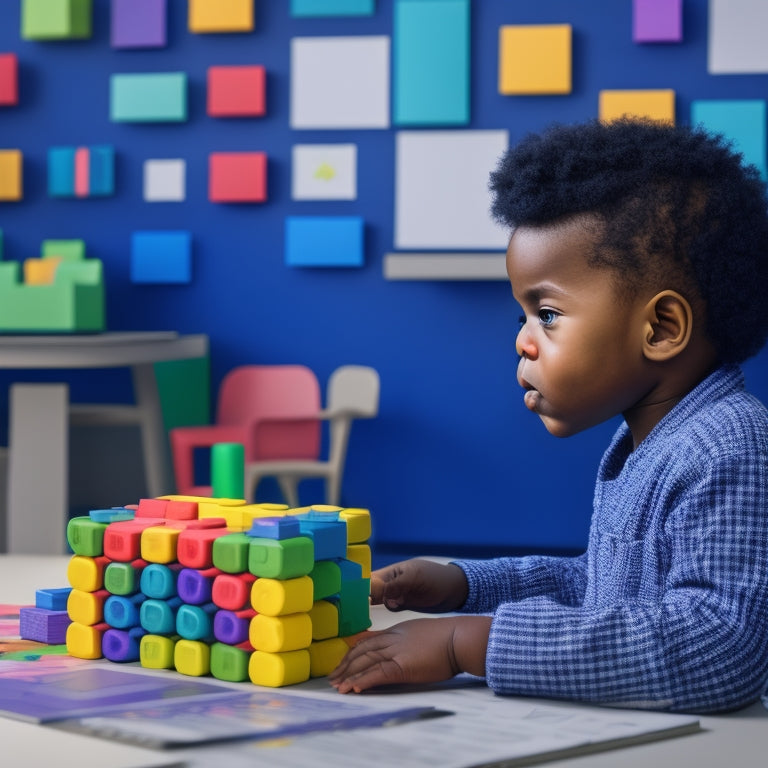A colorful illustration of a kindergarten-aged child sitting in front of a laptop, surrounded by virtual blocks, shapes, and numbers, with a digital whiteboard displaying a math problem in the background.