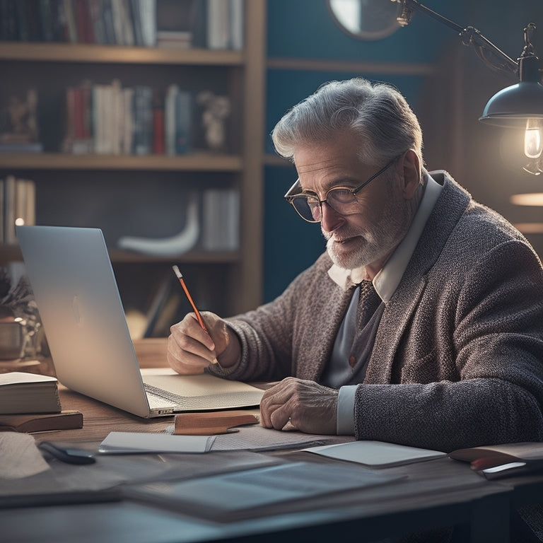 A warm and inviting illustration of a mature adult sitting comfortably at a desk, surrounded by books and a laptop, with a subtle glow of a virtual whiteboard in the background.