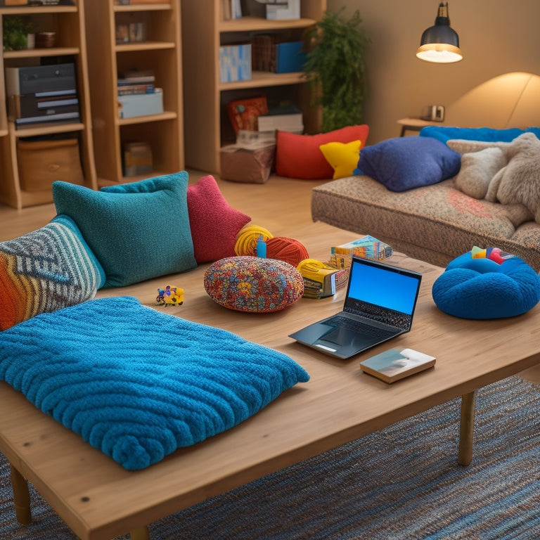 A serene, clutter-free study space with a laptop open to a virtual math lesson, surrounded by fidget toys, a weighted blanket, and a few strategically placed cushions for comfort.