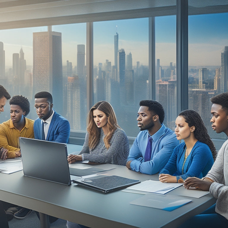 An illustration of a diverse group of students in a modern Ontario classroom, surrounded by laptops, tablets, and interactive whiteboards, with a cityscape or natural landscape visible through the window.