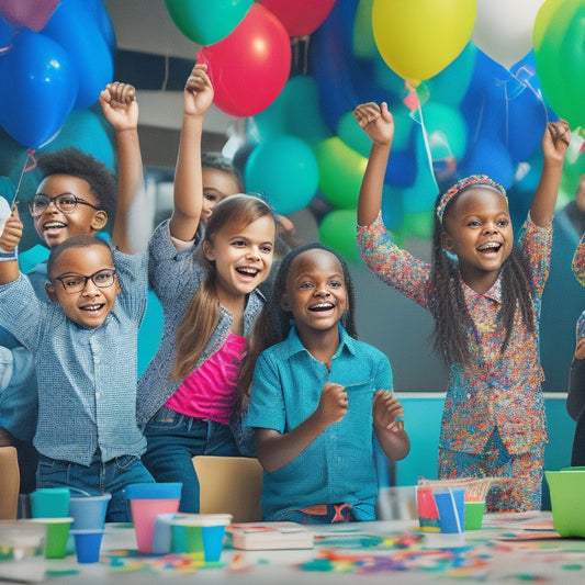 A bright, colorful illustration of a happy, diverse group of children sitting at desks, surrounded by laptops and tablets, engaged in math games, with confetti and celebratory balloons in the background.