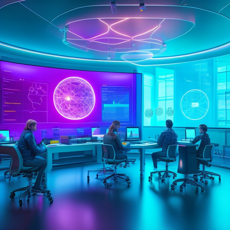 A futuristic, neon-lit classroom with tablets and laptops open to interactive math lessons, featuring 3D graphs, animated equations, and virtual manipulatives, surrounded by thought bubbles and lightbulb moments.