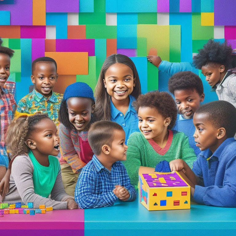 A vibrant illustration featuring diverse children of different ages, ethnicities, and abilities gathered around a large, interactive math puzzle board, surrounded by colorful blocks, shapes, and multicultural patterned blocks.