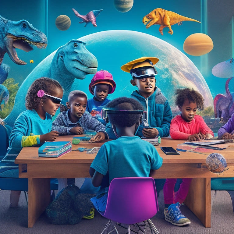 A colorful illustration of a diverse group of children aged 6-12, surrounded by virtual reality headsets, tablets, and laptops, exploring 3D models of planets, atoms, and dinosaurs in a futuristic classroom setting.