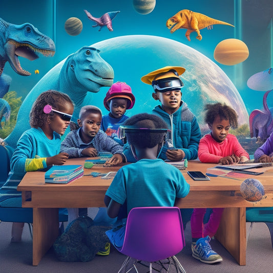 A colorful illustration of a diverse group of children aged 6-12, surrounded by virtual reality headsets, tablets, and laptops, exploring 3D models of planets, atoms, and dinosaurs in a futuristic classroom setting.