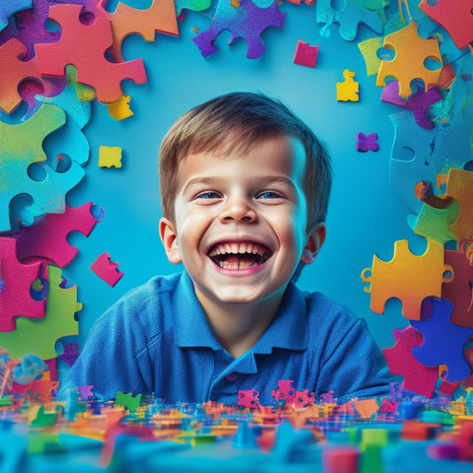 A colorful illustration of a happy, thinking kid surrounded by floating puzzle pieces, brain teasers, and logic games, with a subtle background of connected neurons and gears.