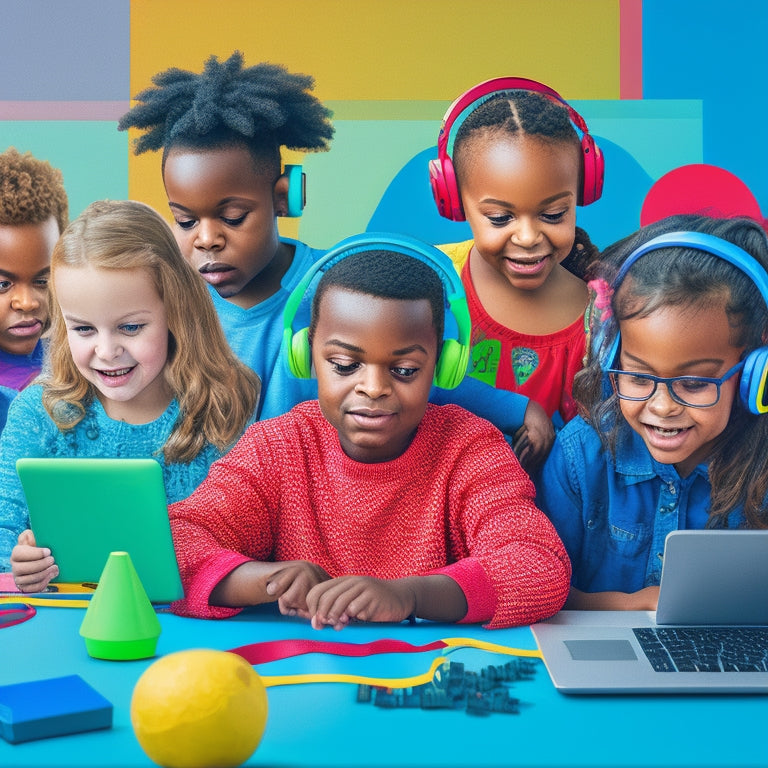 A colorful illustration of a diverse group of children with special needs engaging in various online learning activities, surrounded by laptops, tablets, and headphones, with subtle puzzle pieces and brain icons in the background.