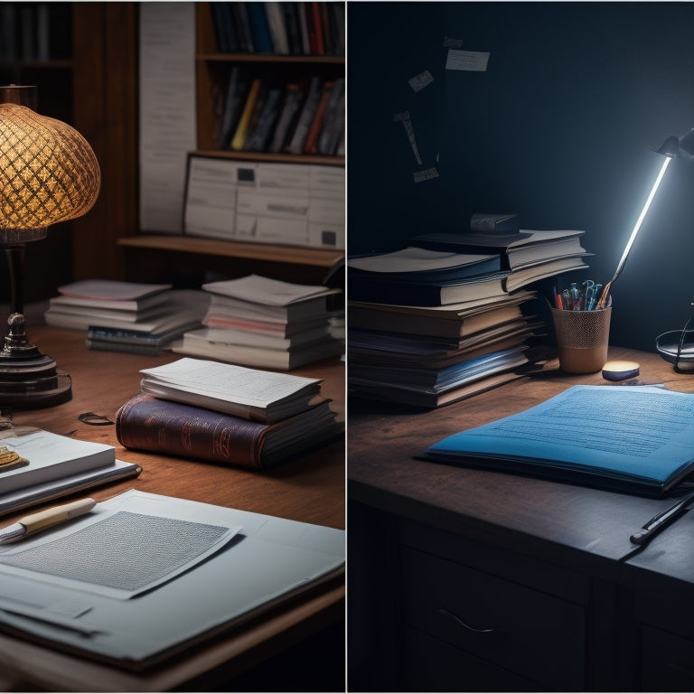 A split-screen image: a cluttered, dimly lit desk with worn math textbooks and scattered notes on one side, and a bright, organized digital workspace with interactive graphs and 3D models on the other.