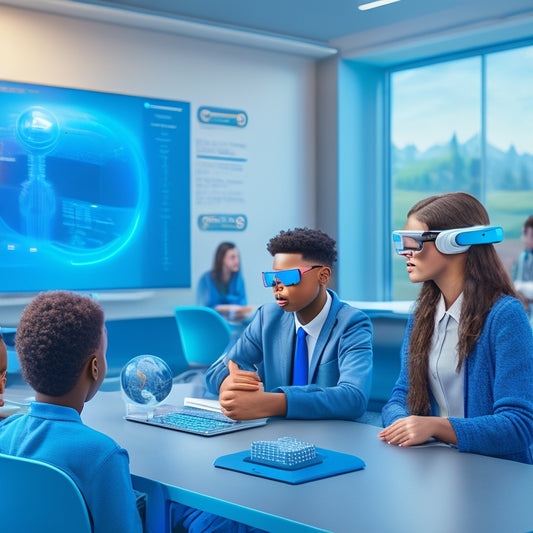A futuristic classroom with a large touchscreen display showing sign language animations, surrounded by diverse students wearing cochlear implants and VR headsets, interacting with a 3D avatar signing teacher.