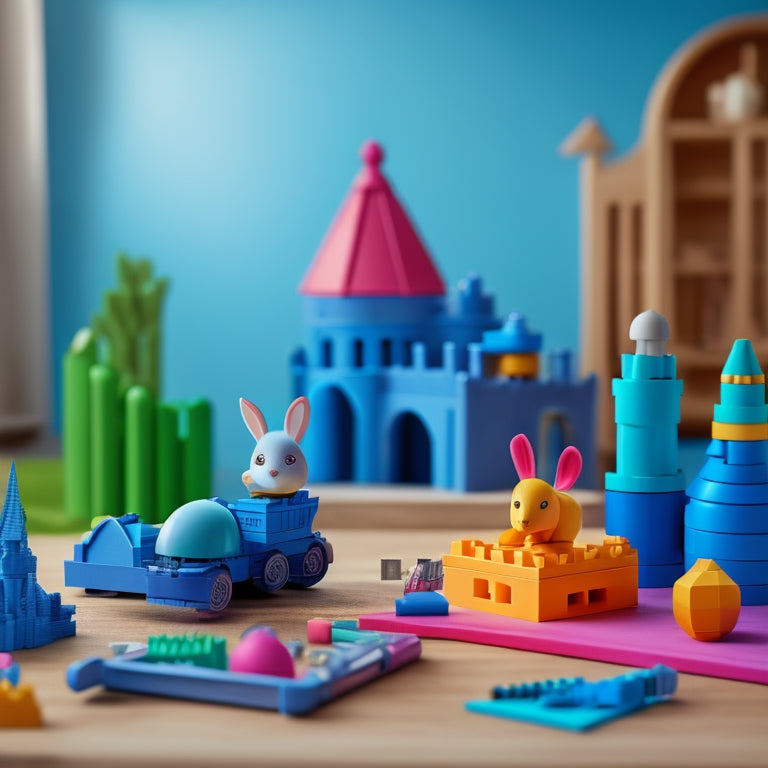 A whimsical, colorful scene featuring a collection of 3D printed toys, including a robotic rabbit, a castle, and a set of building blocks, arranged on a wooden table amidst scattered blueprints and tiny tools.