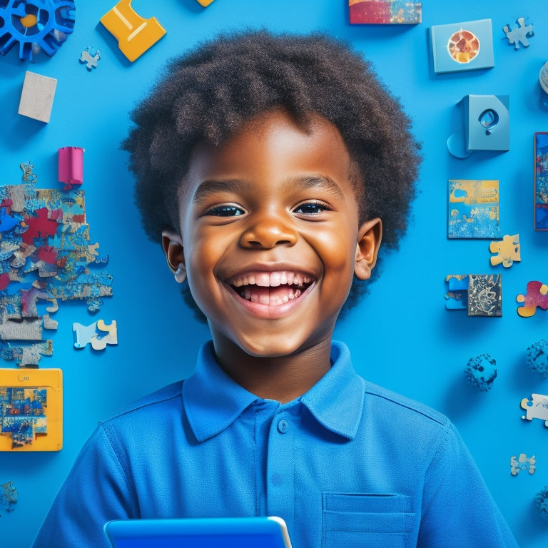 A colorful illustration of a smiling child surrounded by various digital devices, with puzzle pieces and gears connecting them, set against a bright blue background with subtle learning icons (e.g., books, pencils).
