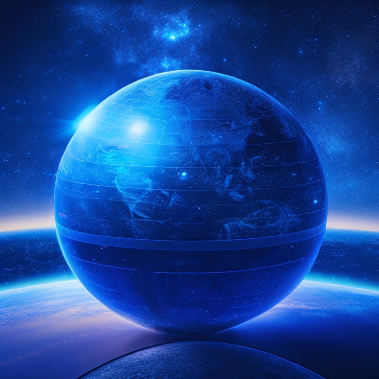 A futuristic, spherical virtual globe with glowing blue lines and dots, surrounded by floating laptops, tablets, and VR headsets, set against a dark blue starry night sky.