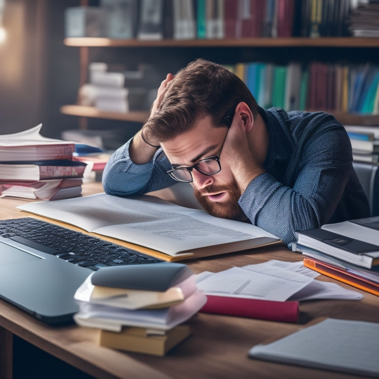 An illustration of a stressed student surrounded by math textbooks and papers, with a laptop open in front of them, displaying a split-screen of various online math resources and a calming, organized digital workspace.