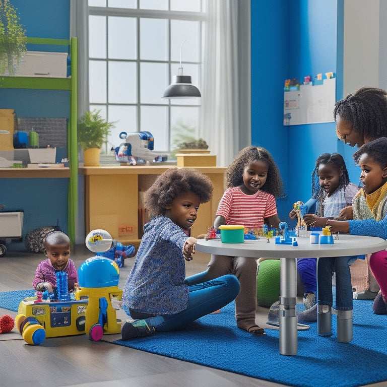 A colorful, clutter-free playroom with a diverse group of smiling children (ages 6-12) engaged with various STEM toys, including a robot, microscopes, coding blocks, and a solar system model.