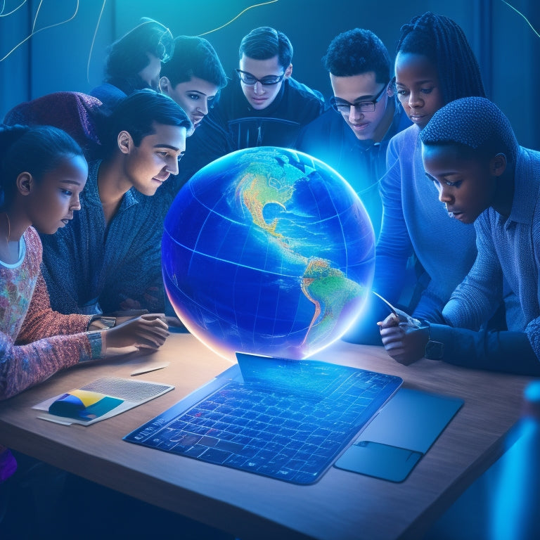 An illustration of a globe with glowing virtual connections, laptops, and tablets scattered across it, surrounded by diverse students of different ages and abilities engaging in online learning activities.