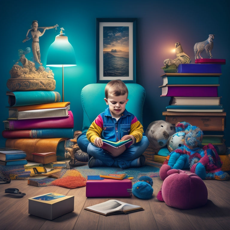 A colorful illustration of a young child sitting cross-legged on a floor surrounded by various reading tools, including a tablet, e-reader, bookshelf, and reading lamp, with scattered books and bookmarks.
